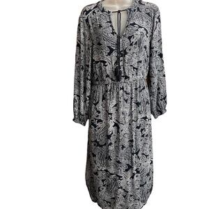 Joe Fresh Long Sleeve Midi Dress Navy Blue and White Paisley Design
